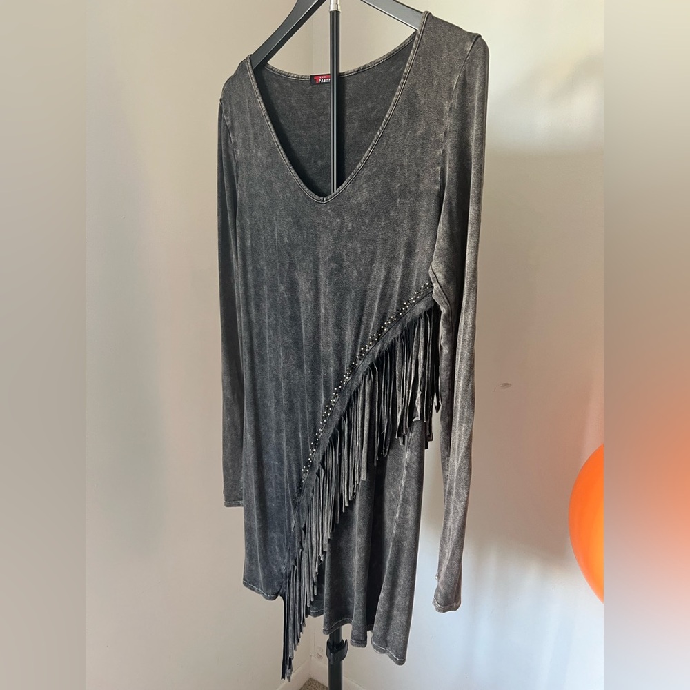 T-Party Charcoal Long Sleeve Fringe Dress with Studs - Size M - Picture 3 of 14